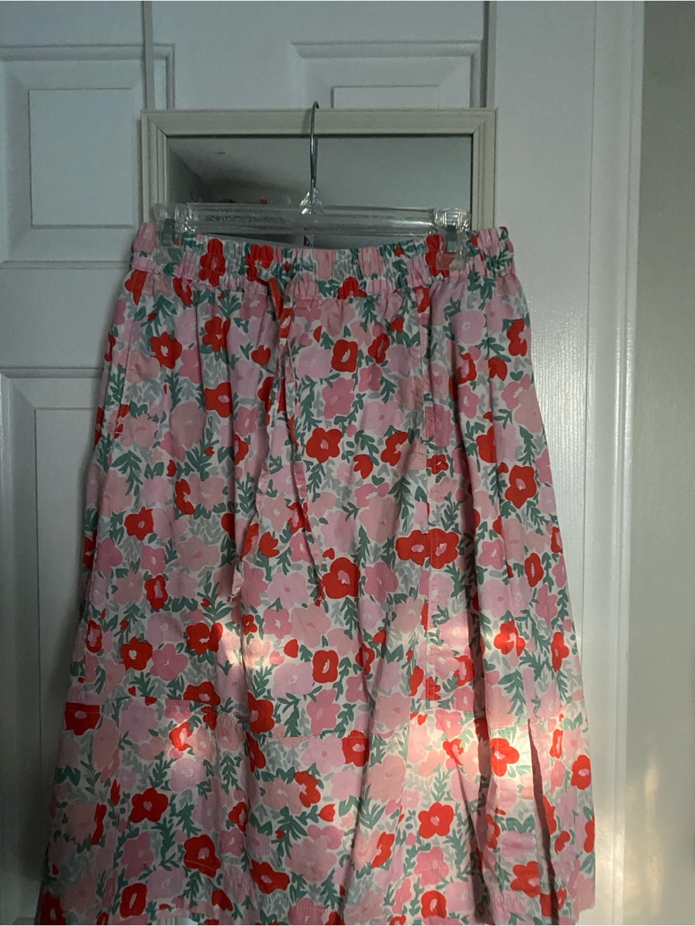 Pink Floral Maxi Skirt with Red Accent Flowers